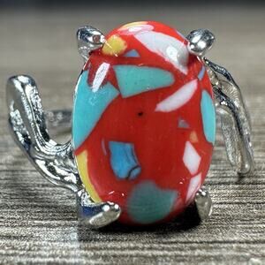 925 Sterling Silver Green Yellow Mixed Stone Ring Smooth Oval Artistic Sz 10